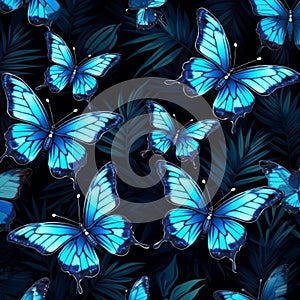 pattern of blue butterflies on black background generative AI