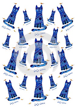 A pattern with blue cats and yellow birds.