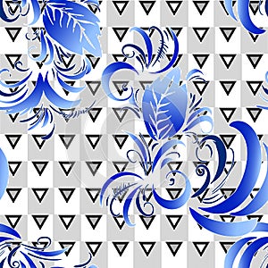 Pattern with blue flowers and abstract triangles