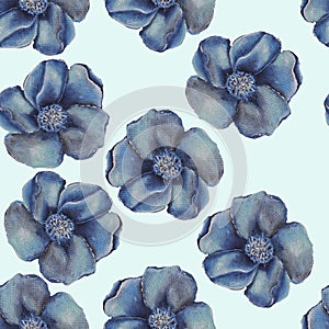 a pattern of blue flowers with a background of spring and summer flowers, blooming in fields and gardens