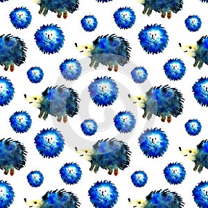 Pattern blue hedgehogs watercolor