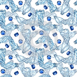 Pattern blue plastic bottles and caps watercolor