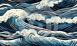 Pattern with blue sea waves. Vector illustration vintage style