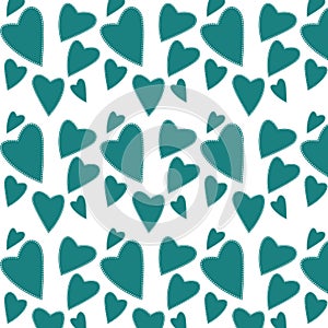 Pattern of blue, turquoise hearts with white, inner, stroke strokes, firmware to the day of Saint Valentine on a white background.