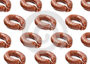Pattern with boiled and smoked sausage on a white background 2