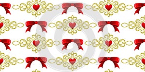 A pattern of bows and gold swirls with a heart.
