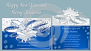 Pattern, branch with snowflakes and bell. Christmas invitation with a snowflake and a Christmas toy. Vector. Cliche. Merry