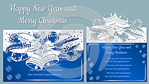 Pattern, branch with snowflakes and bell. Christmas invitation with a snowflake and a Christmas toy. Vector. Cliche. Merry