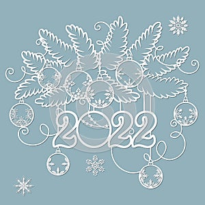 Pattern, branch with toys and the number 2022 . Christmas invitation with a Christmas toy. Vector. Cliche. Merry Christmas. For