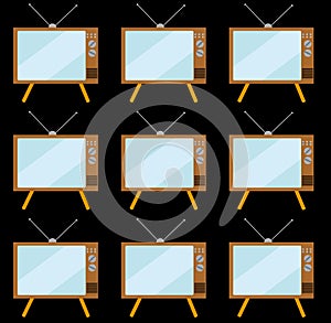 Pattern of brown, old, vintage, retro, hipster TVs with convex picture tubes on a stand with an antenna on a black background.