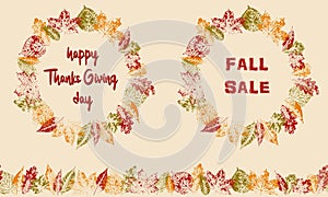 Pattern brush with stamps of autumn leaves. Round and endless pattern. Happy Thanks Giving day. Fall sale.