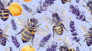 A pattern of a bunch of bees and flowers on blue background, AI