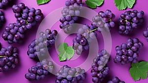 Pattern of bunch of red grapes with green leaves on purple background.