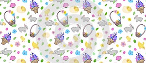 pattern with bunny, little yellow chickens in different poses, easter eggs, basket, lettering and branch with leaves