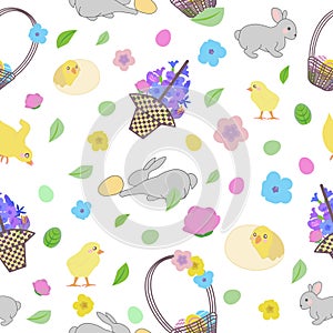 Pattern with bunny, little yellow chickens in different poses, easter eggs, basket, lettering and branch with leaves and flowers