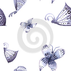 Pattern of butterflies and flowers of blue, Seamless