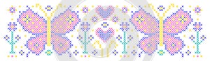 Pattern with butterflies, hearts and flowers in cross stitch style