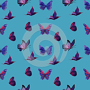 Pattern of butterfly watercolor on blue background