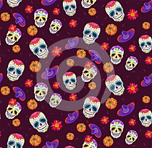 Pattern with calavera, sambrero and flower photo