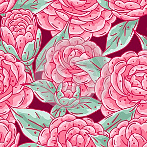 Pattern with camellia flowers. Beautiful decorative plants.