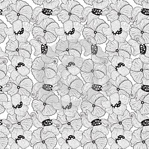 Vector outline stylised elegant small flowers black and white seamless pattern