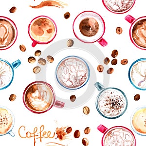 Pattern coffe tea candy painted watercolor. Donuts, macaroon, coffee. seamless pattern food