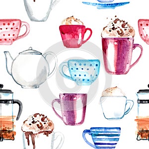 Pattern coffe tea candy painted watercolor. Donuts, macaroon, coffee. seamless pattern food
