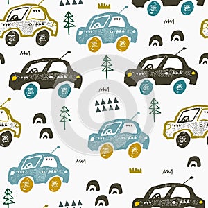 Pattern with cars. Hand drawn autos on the road. Scandinavian style design. Decorative abstract art.