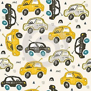 Pattern with cars. Hand drawn autos on the road. Scandinavian style design. Decorative abstract art.