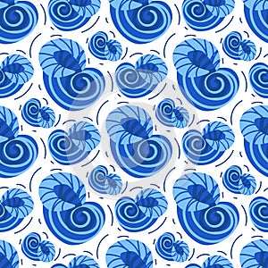 A pattern with cartoon blue swirling shells, a house for a snail. Vector illustration on the marine theme. Printing