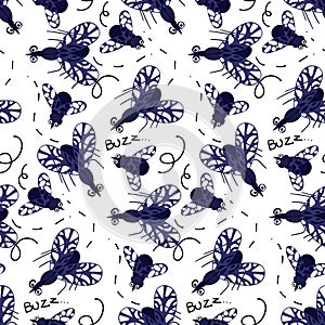A pattern with cartoon insects, mosquitoes and midges on a white background. Blue insects fly and buzz. Cute, funny