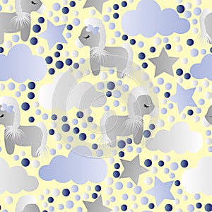 Pattern with cartoon pony, clouds and stars