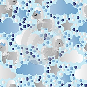 Pattern with cartoon pony, clouds and stars