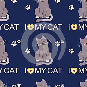 Pattern with cats, text I love my cat, pet care