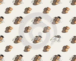 Pattern with champagne cork on beige background with hard light and shadow at sunlight. Trend layout with bottle cap