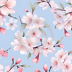 pattern of Cherry Blossom flowers (Sakura) in spring season. Watercolor illustration nature background, Generative AI