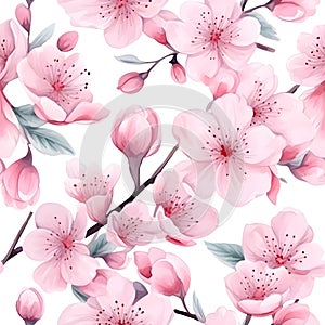 pattern of Cherry Blossom flowers (Sakura) in spring season. Watercolor illustration nature background, Generative AI