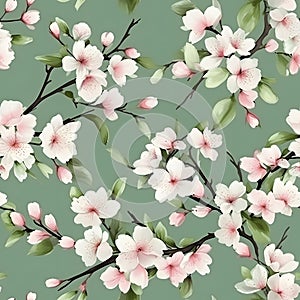 pattern of Cherry Blossom flowers (Sakura) in spring season. Watercolor illustration nature background, Generative AI