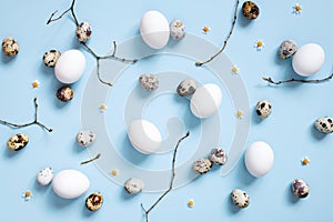 Pattern of chicken and quail easter eggs and branches