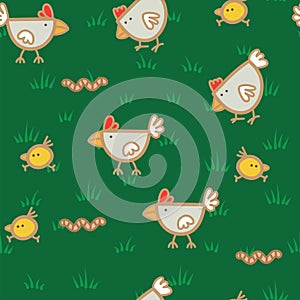 Pattern chickens walking on green grass and pecking worms background. Chicken pattern background.