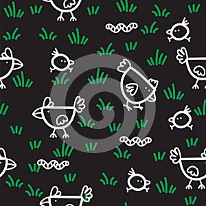 Pattern chickens walking on green grass and pecking worms on black background. Chicken pattern background.