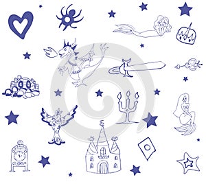 Pattern for children with fairy tale characters in blue and white tones