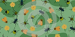 Pattern for children with insects on green leaves