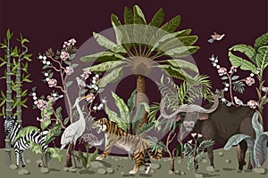 Pattern in chinoiserie style with tiger, heron and jungle trees.