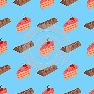Pattern with chocolate and cake on blue background