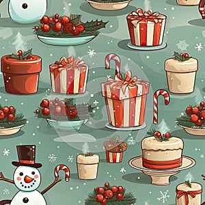 pattern from Christmas concept wiht cake gift box snowman and Christmas tree