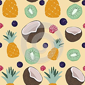 Pattern with coconuts, pineapples, kiwis and berries