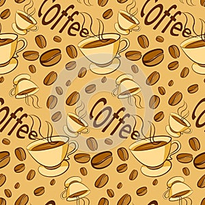 Pattern of coffee beans on beige background