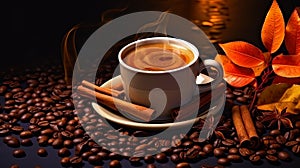 The pattern of the coffee cup surrounded by coffee beans and cinnamon, which distinguishes the arom photo