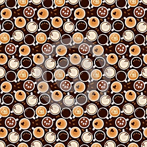 Pattern with coffee cups and coffee beans. View from above.